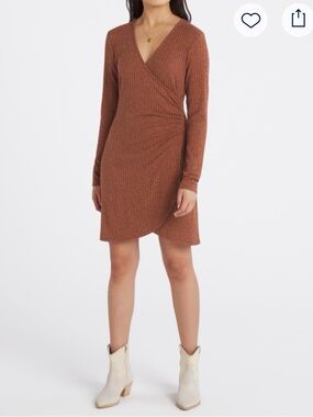 nine britton Ribbed Wrap-Style Long Sleeve Dress in Rust Brown